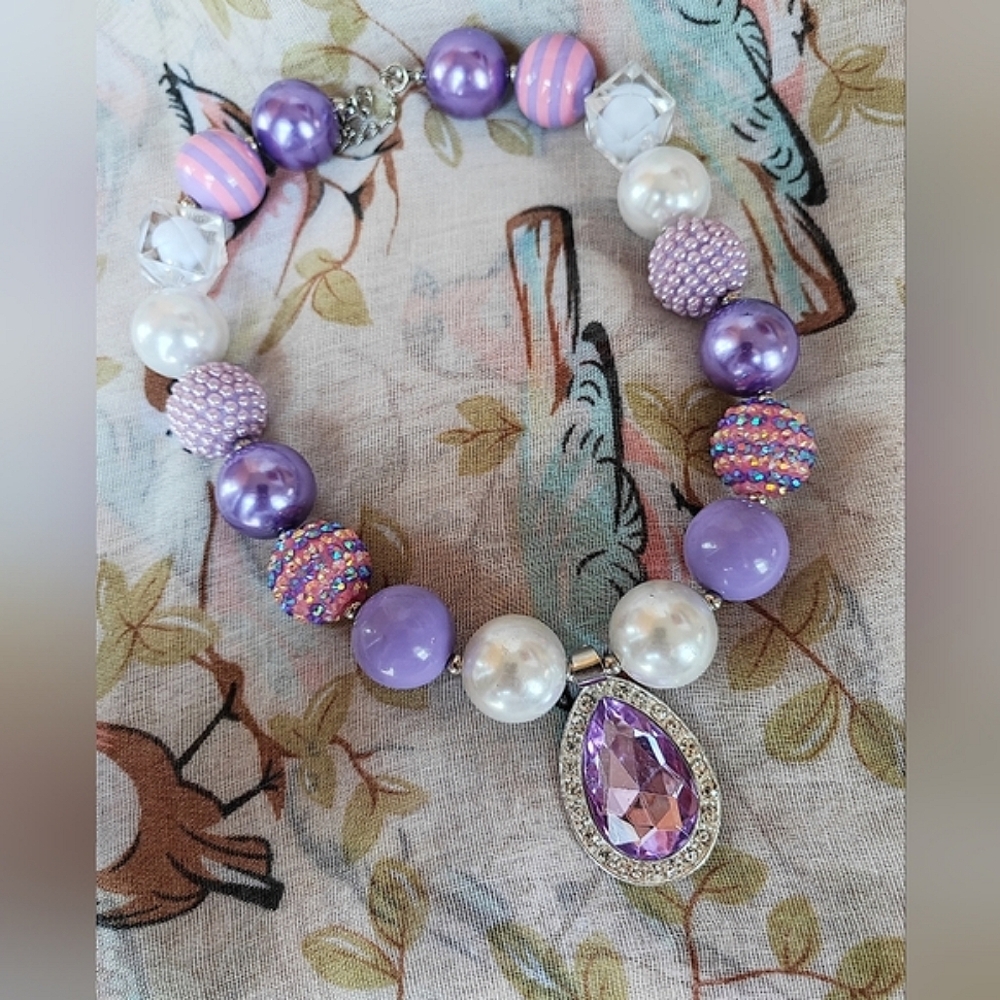 Acrylic Big Balls Purple Lavender Faux Pearls Rhinestone Striped Beads Necklace - Picture 4 of 12
